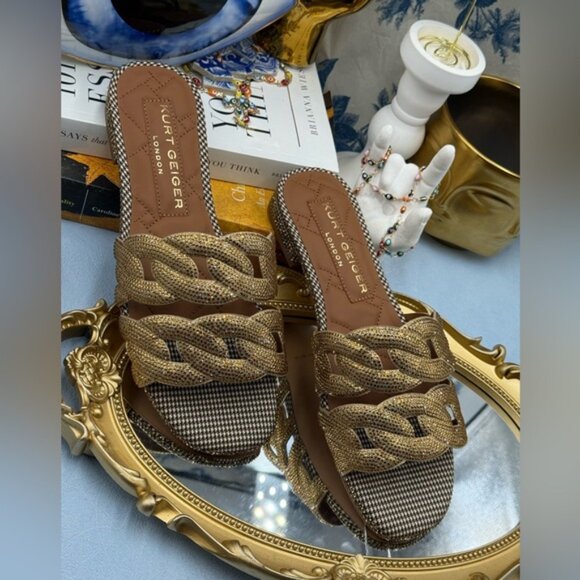 🆕 KURT GEIGER LONDON 🧿 NWOB Crystal Chain Flat Sandal, Gold - Sz EU37 US 7 - Picture 6 of 15